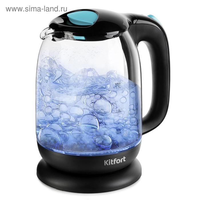 Чайник Kitfort КТ-625-1, стекло, 1.7 л, 2200 Вт, чёрно-голубой