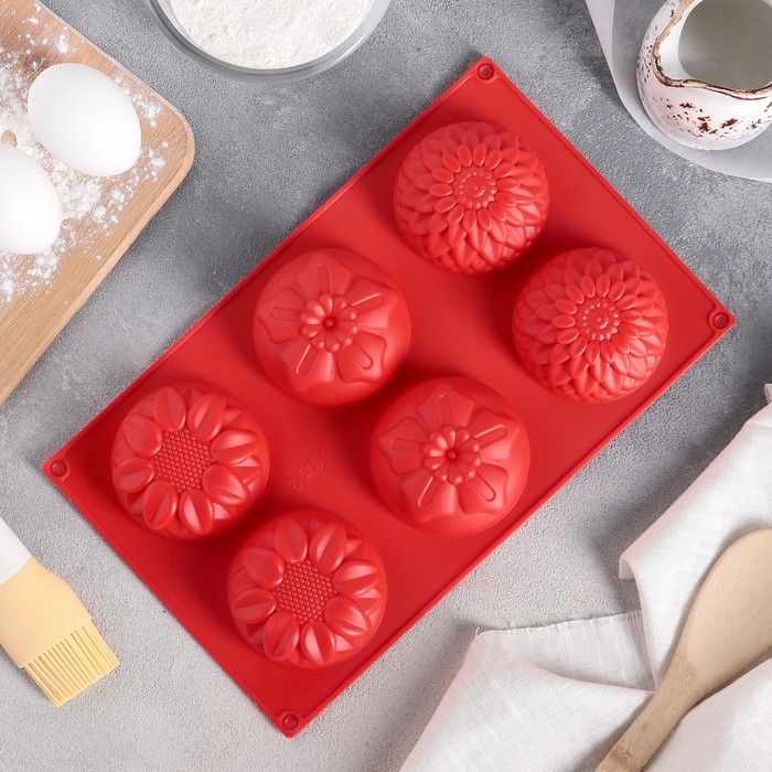 Форма для выпечки "Незабудка, подсолнух, хризантема", 6 ячеек, цвета МИКС