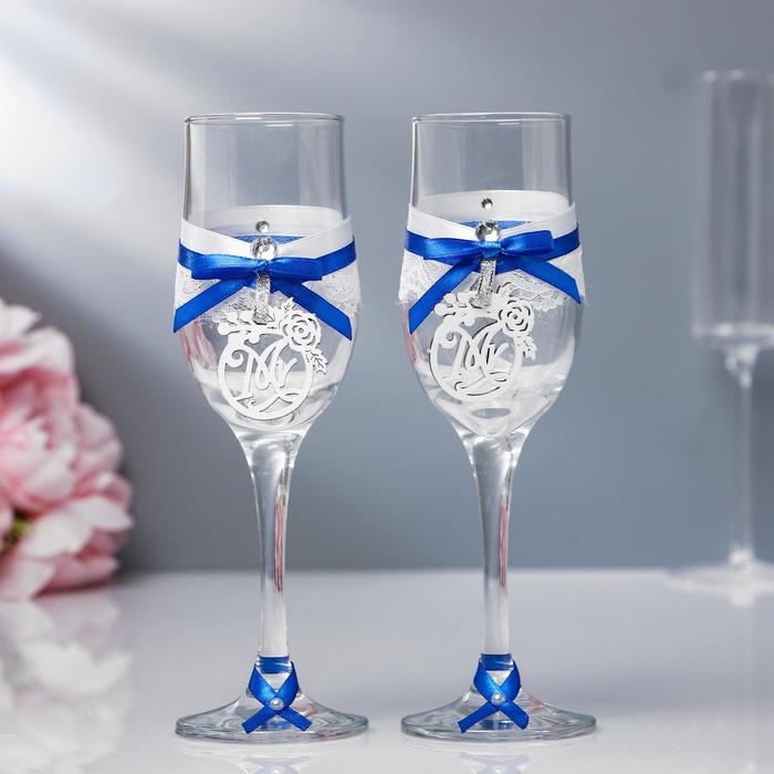Набор свадебных бокалов "Романтика", ручной работы, синий-серебро, 6х6х20,5 см