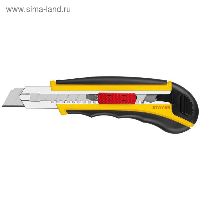 фото Нож stayer 09165_z01, с автозаменой и автостопом, 3 сегментированных лезвия, 18 мм