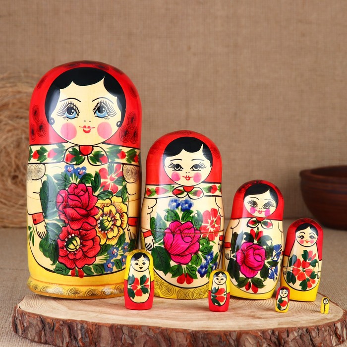 фото Матрёшка «розочка», жёлтый платок, 8 кукольная, 19-22 см, ручная работа