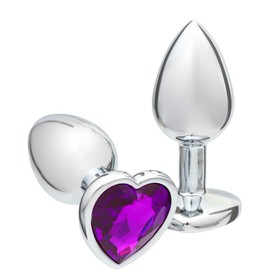 Анальная пробка Оки-Чпоки, серебряная, кристалл фиолетовый, в форме сердца, D = 28 мм