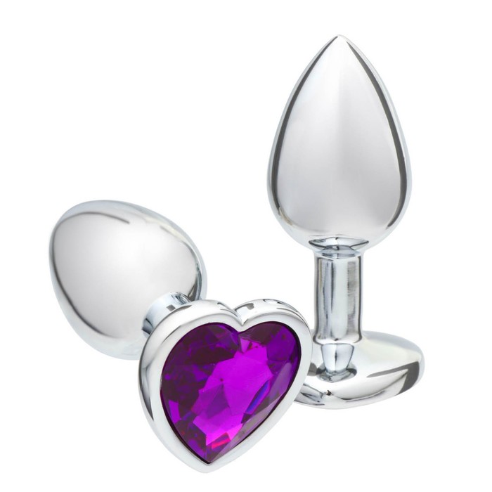 Анальная пробка, серебряная, с тёмно-фиолетовым кристаллом в форме сердца, D = 28 мм