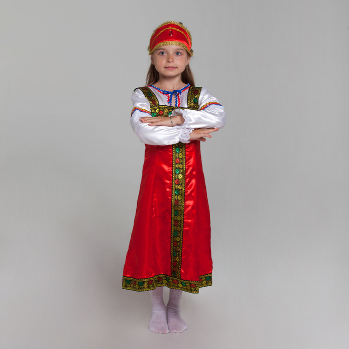 Карнавальный костюм "Русская красавица", платье, рубашка, кокошник, рост 122 см