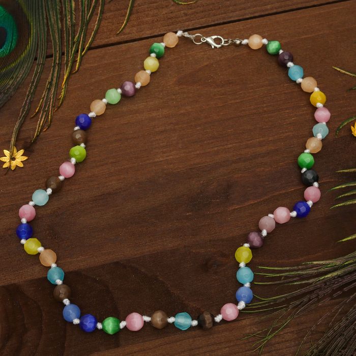 Бусы "Кошачий глаз" шар №8 гранёный через узел, цветные, 48см