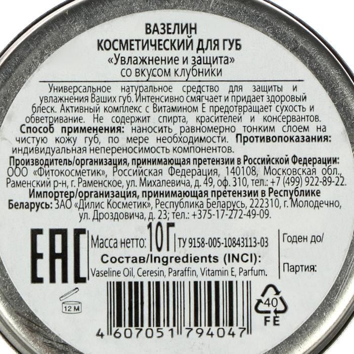 Вазелин косметический для губ "Увлажнение и защита" со вкусом клубники, 10 г