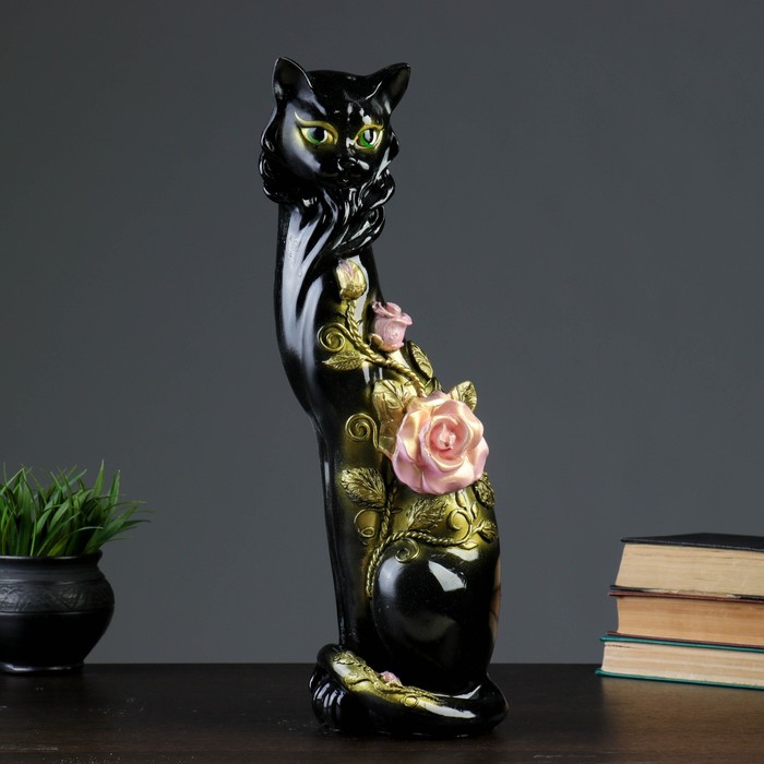 Сувенир "Кошка Маркиза" с крупной розой аэрограф черная
