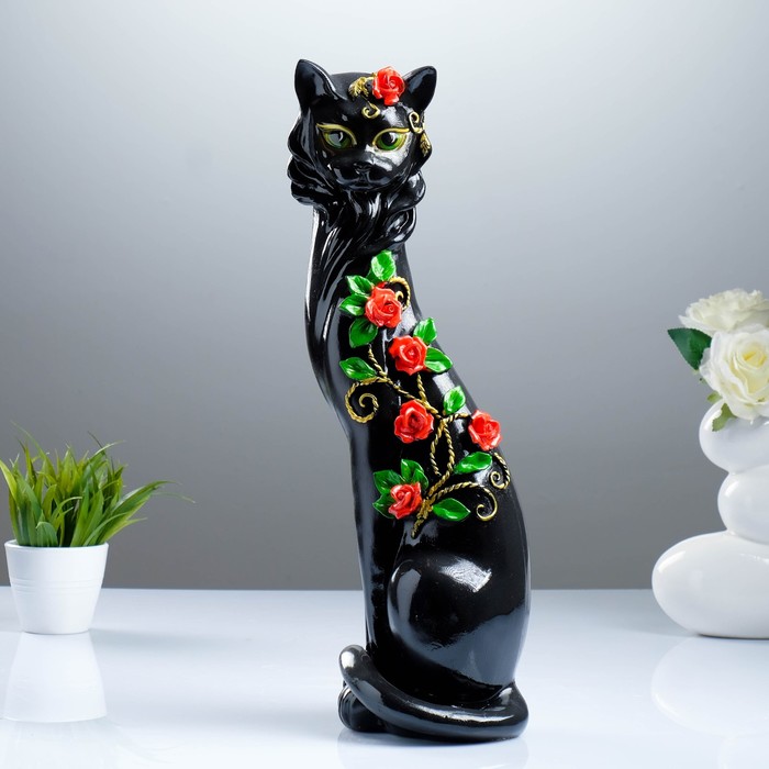 Сувенир "Кошка Маркиза" с китайскими розочками черная
