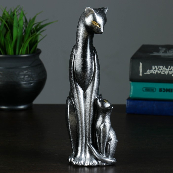Сувенир "Кошка Багира с ребёнком" малая сидячая новая, черная с серебром