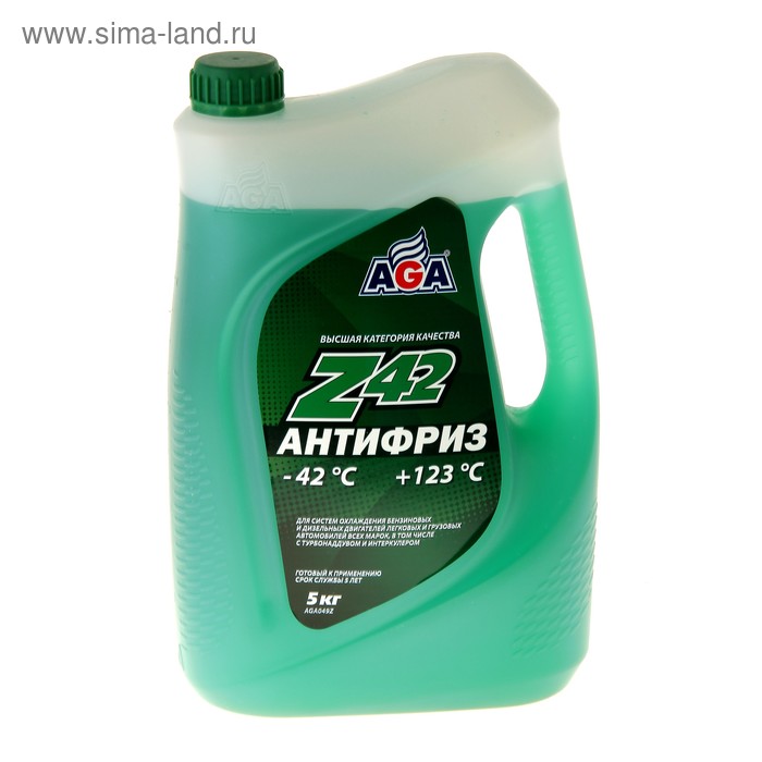 Антифриз готовый AGA -42С/+123С зелёный, 5 кг тосол готовый aga 40с 115с зелёный 1 кг