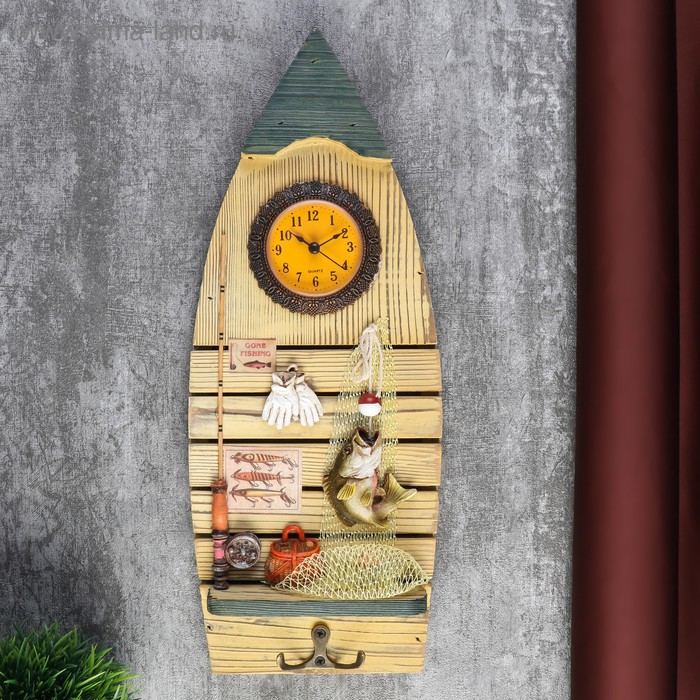 фото Крючки декоративные с часами "рыбацкая удача" 39х15,5 см