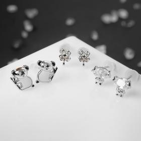 

Серьги набор 3 пары "Коала" сердечки, цвет белый в серебре