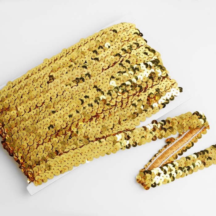 фото Тесьма декоративная с пайетками, на резинке, 2 см, 9 ± 0,5 м, цвет золотой арт узор