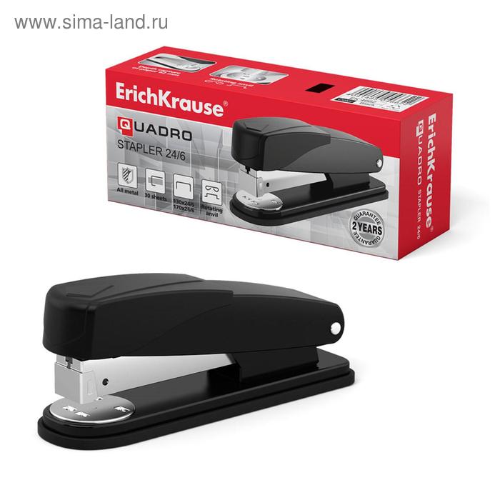 Степлер ErichKrause Quadro Half-strip, № 24/6, до 30 листов, антистеплер, чёрный степлер 24 6 erichkrause quadro до 30 листов черный в коробке по 1 шт