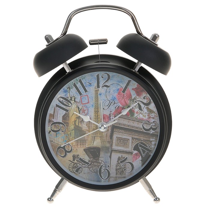 Будильник черный с подсветкой, на циферблате Paris, 2 звоночка, стрелки светятся