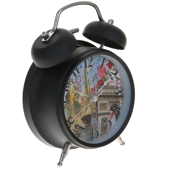 Будильник черный с подсветкой, на циферблате Paris, 2 звоночка, стрелки светятся