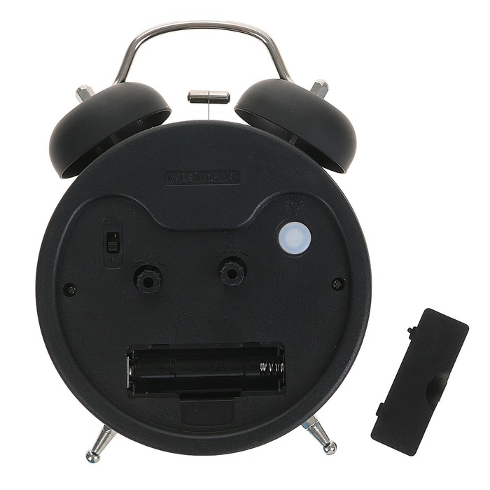 Будильник черный с подсветкой, на циферблате Paris, 2 звоночка, стрелки светятся