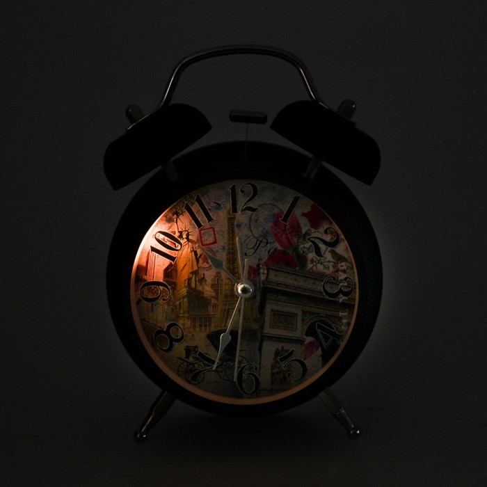 Будильник черный с подсветкой, на циферблате Paris, 2 звоночка, стрелки светятся