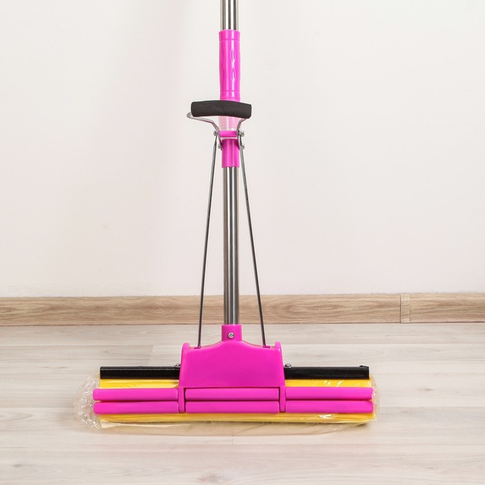 Швабра PVA с двойным роликовым отжимом , широкая насадка, телескопическая стальная ручка 115 см, цвет МИКС