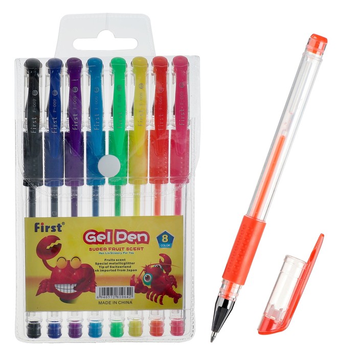 Набор гелевых ручек 08цв. металлик, с блестками, с резиновым держателем