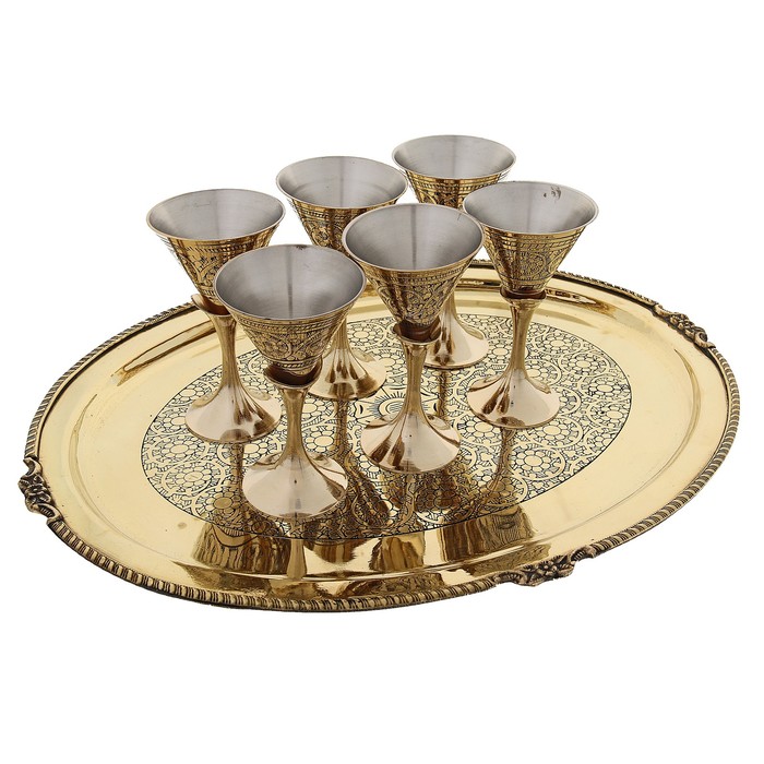 Набор посуды золотистый с черным "Званый бал": поднос, 6 бокалов