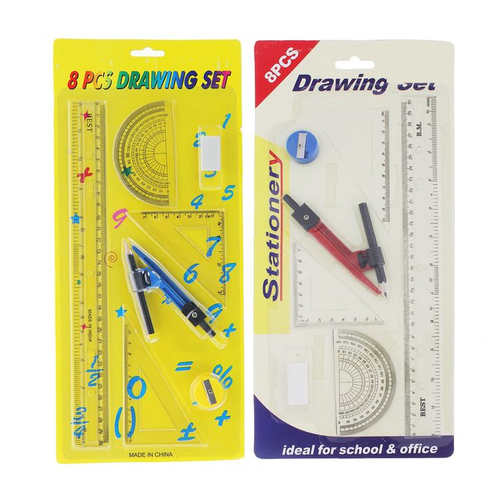 Набор геометрический чертежный на блистере (линейка 30см + 2 треугольника 30гр,45гр + транспортир+точилка+ластик+циркуль) тонированный МИКС