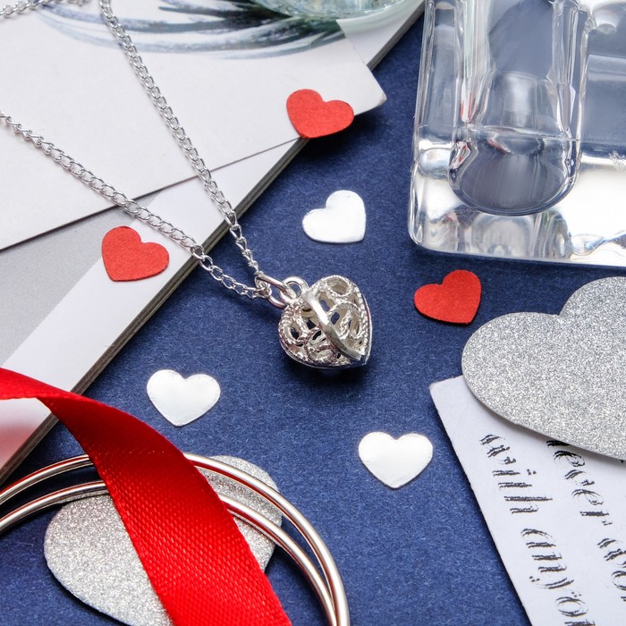 Кулон "Сердце" объёмное, цвет серебро, 43см