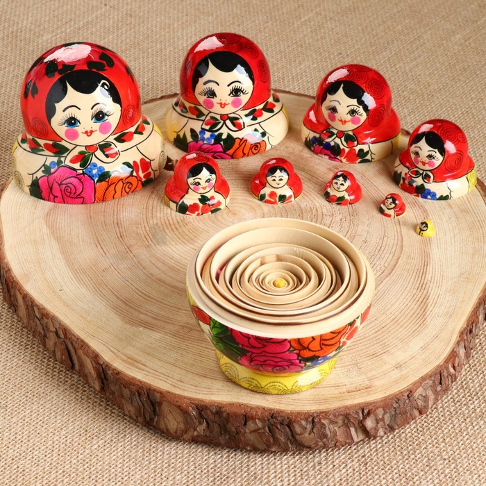 Матрёшка «Семёновская», красный платок, 10 кукольная, 16 см