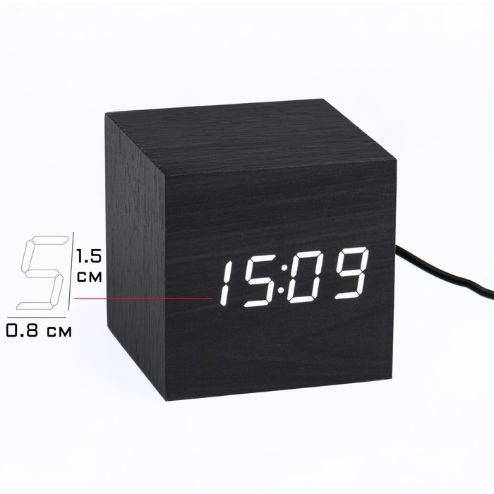 Часы - будильник электронные Цифра настольные с термометром, деревянные, 6.5 см, ААА, USB