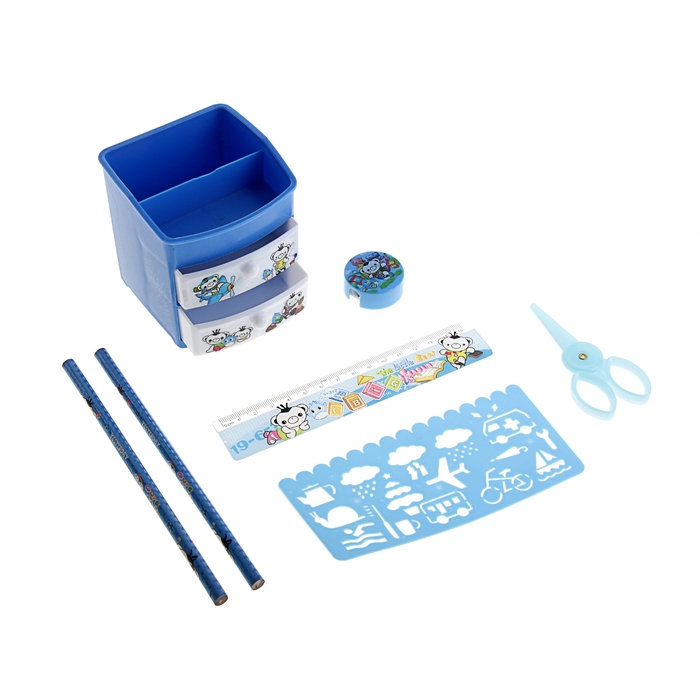 Настольный набор детский "Комод" из 7 предметов: подставка, ножницы, 2 линейки, 2 карандаша, МИКС