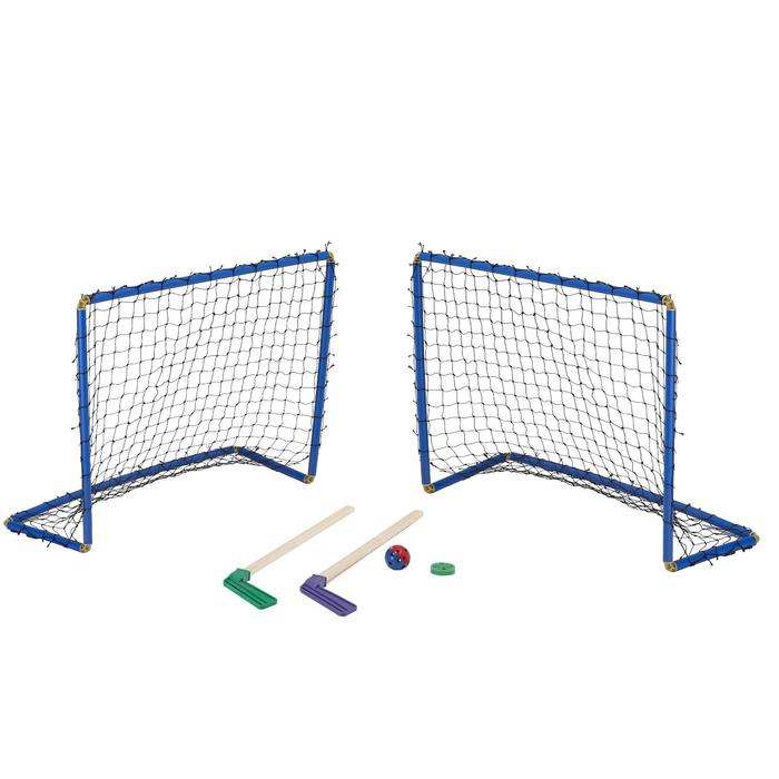 Хоккейный набор: 2 клюшки,  2 ворот с сеткой, шайба, мячик, в коробке, микс