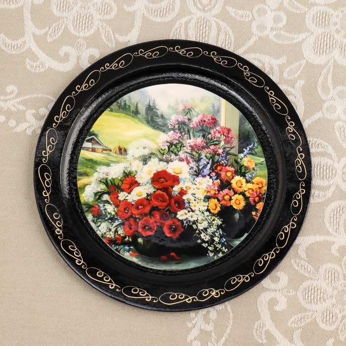 Панно-тарелка «Цветы», D=18 см, лаковая миниатюра, микс