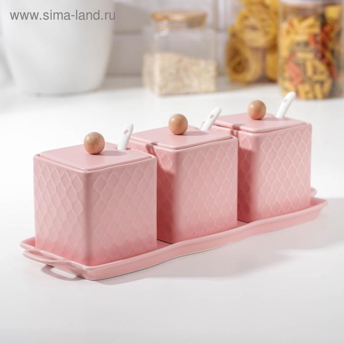 Набор банок керамических с ложками на подставке «Антураж», 3 предмета: 400 мл, цвет розовый