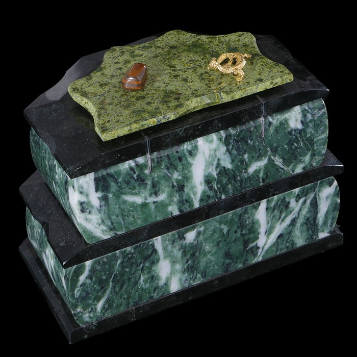 Ларец двойной, с выдвиж. ящиком, 6 граней, бархат, 19х12х14 см, змеевик