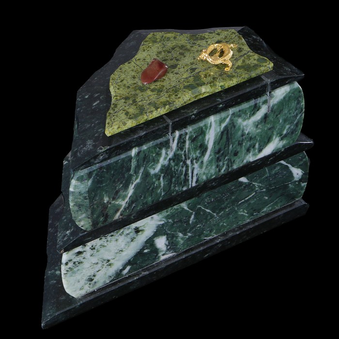 Ларец двойной, с выдвиж. ящиком 5 граней, бархат 19*14,5*12 см, змеевик