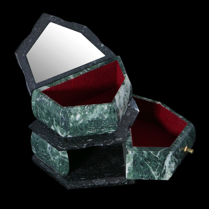 Ларец двойной, с выдвиж. ящиком 5 граней, бархат 19*14,5*12 см, змеевик