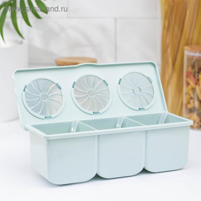 

Банка пластиковая для сыпучих продуктов, 3 отделения, 3 ложки, 24,5×10×8 см, цвет МИКС