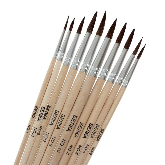 Набор кистей белка круглые 10 штук (№1,2,3,4,5,6,7,8,9,10) с деревян ручками на блистере