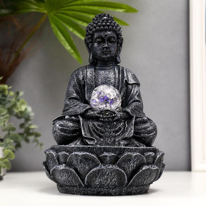 Фонтан настольный от сети, подсветка Серый будда с шаром 30х19х19 см