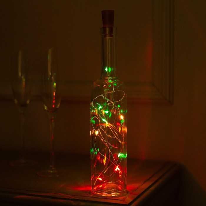 Гирлянда Нить 2 м роса с пробкой, IP20, серебристая нить, 20 LED, свечение RGB, переливы, 3 х LR44