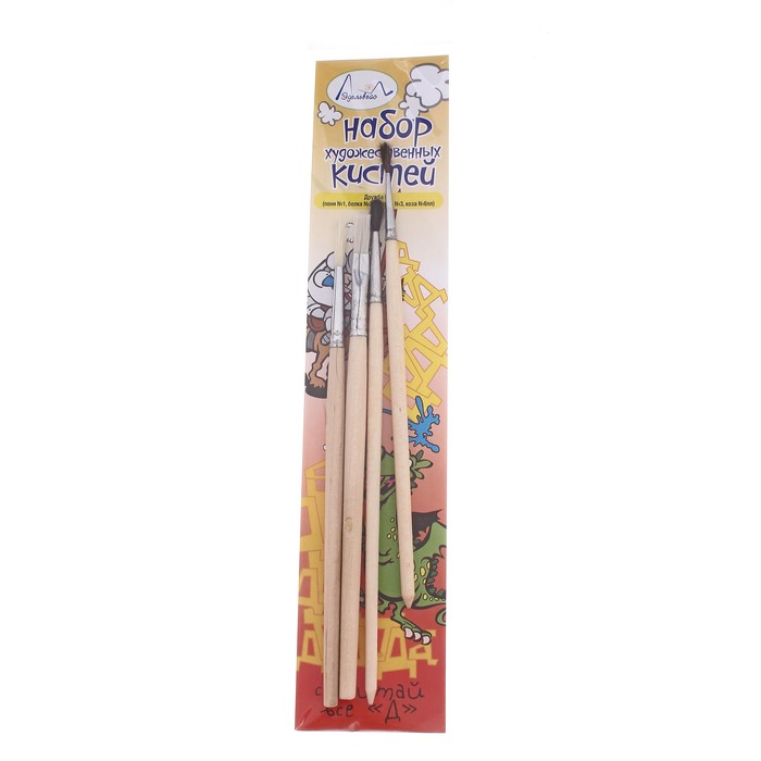 Набор кистей Микс 4 штуки "Дружба №1" (Пони №1 Белка №2 Щетина №3 Коза №6) плоская ручка ,в блистере