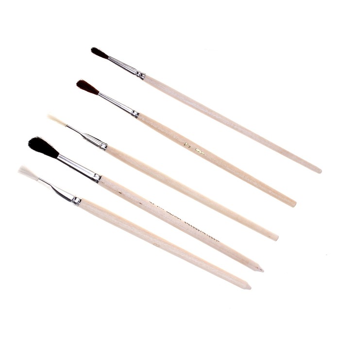 Набор кистей Микс 5 штук "Дружба №3" (Белка №2 №5 Пони №3 Щетина №4 плоская, Коза №6) дерево