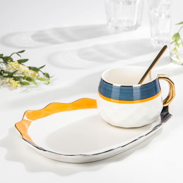 Чайная пара керамическая с ложкой «Аврора», 2 предмета: чашка 250 мл, тарелка 21×17×2 см