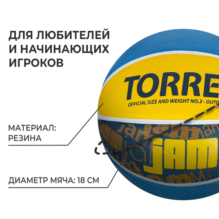 фото Мяч баскетбольный torres jam, b02043, резина, клееный, 8 панелей, р. 3