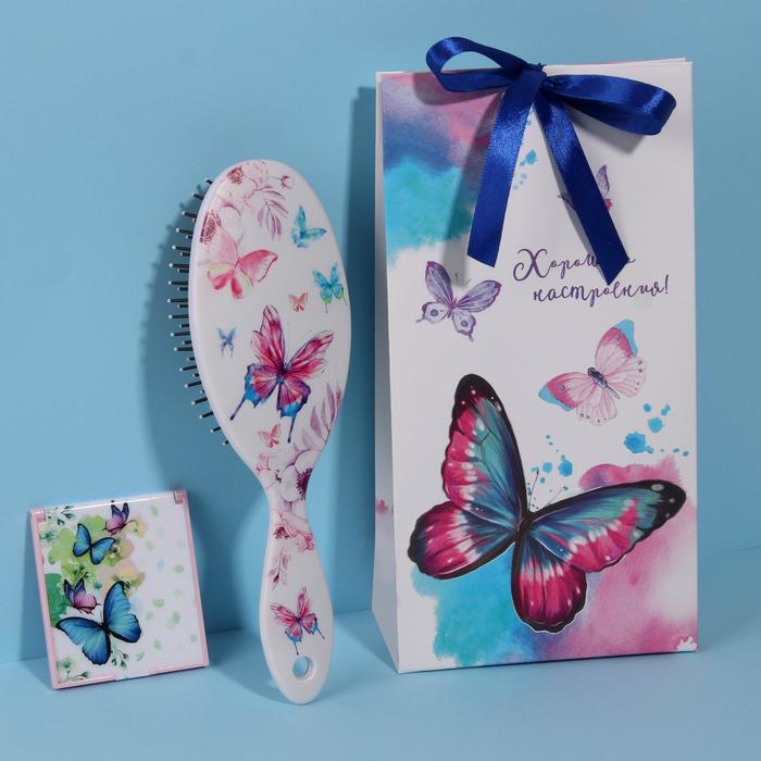 фото Подарочный набор «бабочки-микс», 2 предмета: зеркало, массажная расчёска, цвет микс queen fair