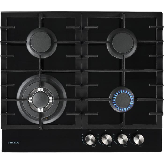 Варочная поверхность AVEX HM 6044 B, газовая, 4 конфорки, 56х48 см, WOK, чёрная