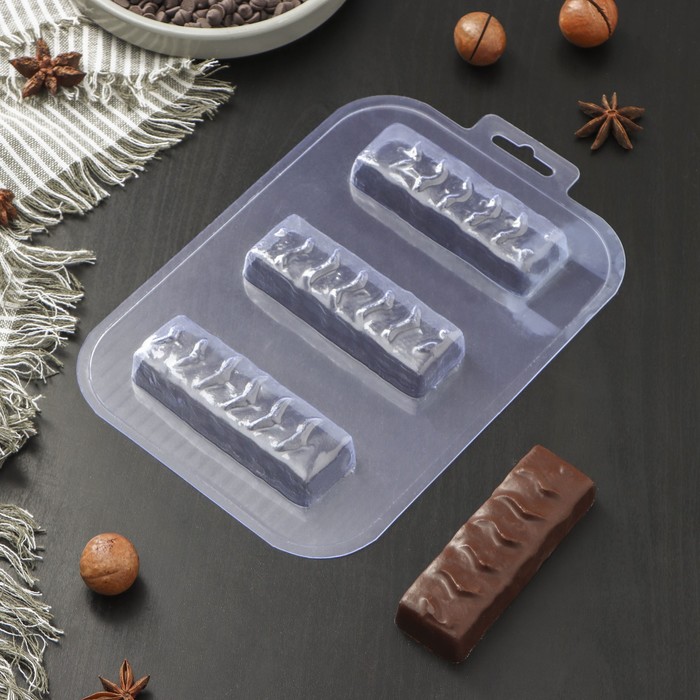 фото Форма для шоколада и конфет «батончик классический», 21×14 см, 3 ячейки (9×3×1,6 см), цвет прозрачный