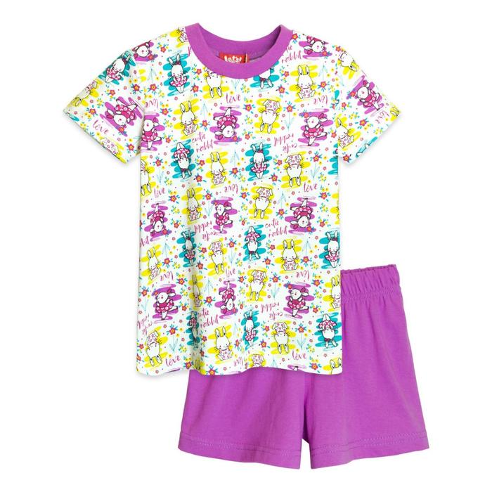 фото Комплект для девочек из футболки и шорт, рост 122 см, цвет белый, фиолетовый let's go