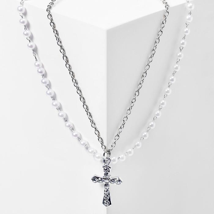 Кулон Цепь нить из жемчуга, крест с острыми краями, цвет белый в серебре, L40