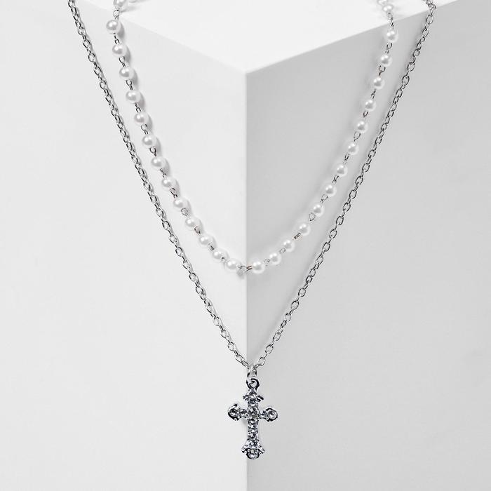 Кулон Цепь нить из жемчуга, крест фигурный, цвет белый в серебре, L42